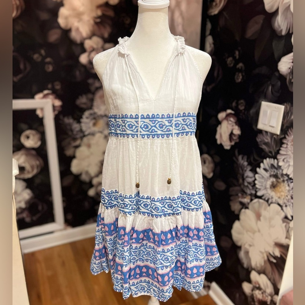 Oliphant White and Blue Patterned Halter Dress